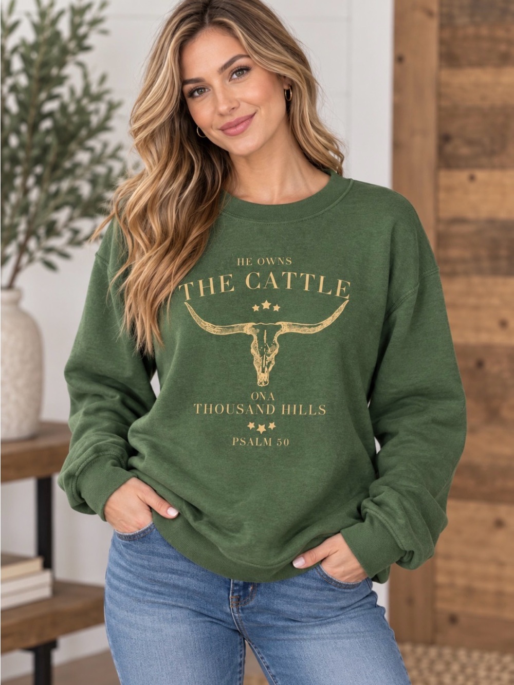 Olive Army Green Sweatshirt He Owns the Cattle on a Thousand Hills Psalm XL New